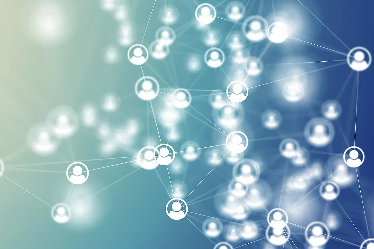 Abstract image to show the interconnectedness of people. Connected person icons are shown.