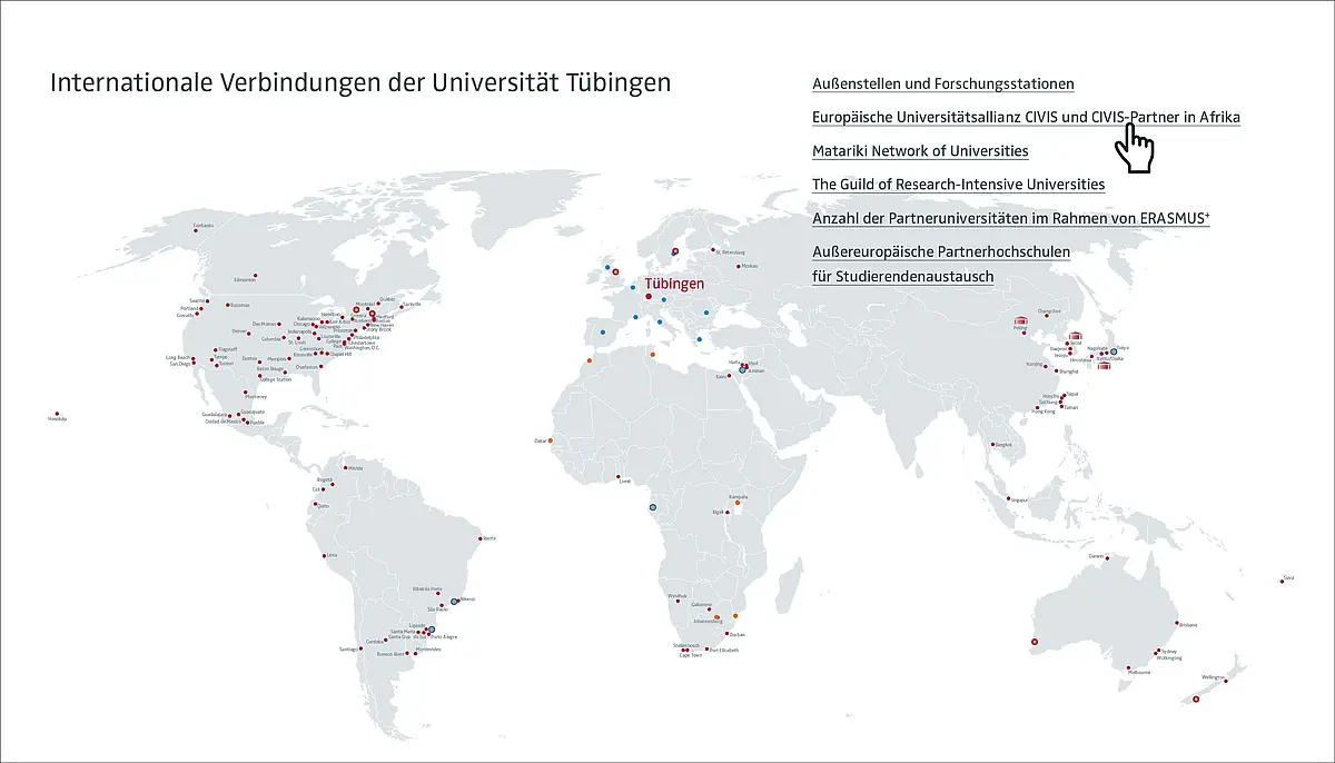 Eine Weltkarte, auf der alle Städte markiert sind, mit internationalen Partnerhochschulen der Universität Tübingen