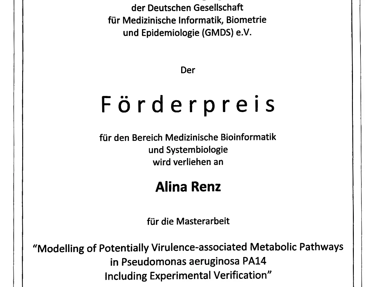Urkunde für die Auszeichnung der Masterarbeit an Alina Renz