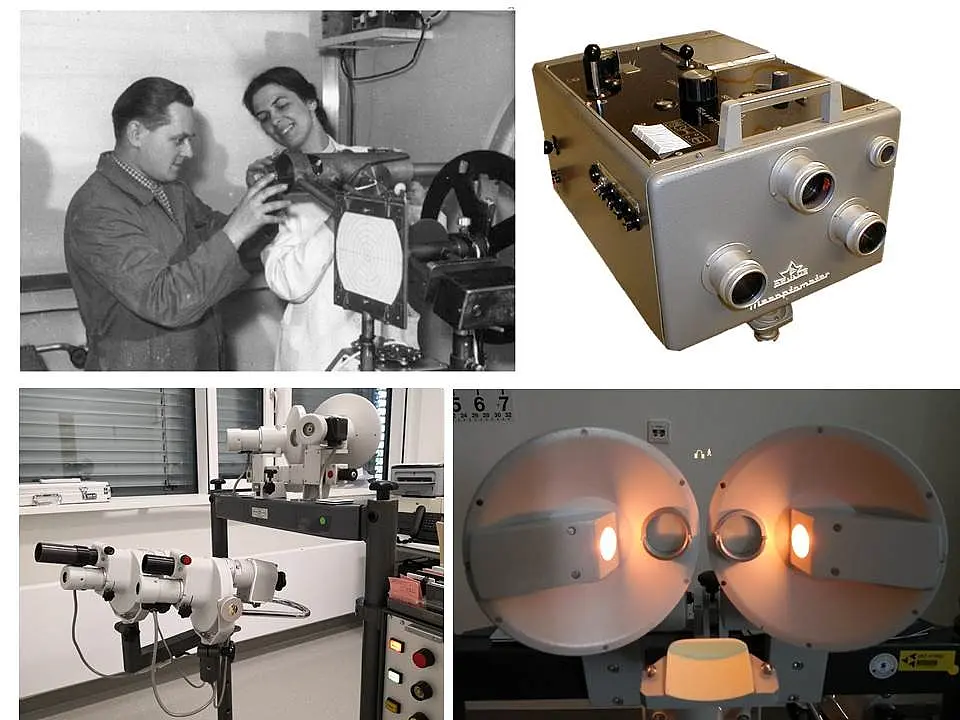 Collage aus vier Fotos: Elfriede Aulhorn mit Jakob Kocher an einem Prototyp des Tübinger Perimeters, das ursprüngliche Mesoptometer, ein Phasendifferenzhaploskop in Gesamtansicht und aus der Patientensicht