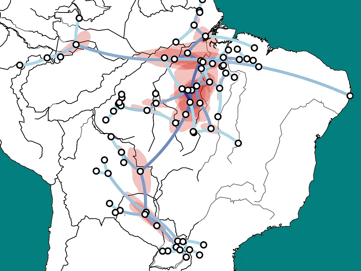 Modell der geografischen und verwandtschaftlichen Beziehungen der Tupí-Guaraní-Sprachfamilie: Hellblaue Linien zeigen eine Verwandtschaftsbeziehung an, dunklere Farbe soll eine frühere Wanderung/Auftrennung anzeigen. Rot sind geografische Gebiete eingefärbt, an denen mit 80-prozentiger Wahrscheinlichkeit Auftrennung von Sprachen stattgefunden hat.