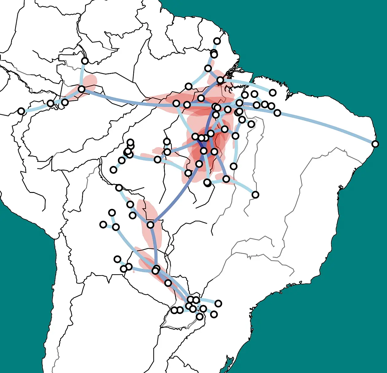 Model of the geographic and kinship relationships of the Tupí-Guaraní language family: light blue lines indicate a kinship; a darker color indicates earlier migration/ separation. Geographical areas where there is an 80% probability of language separation are colored red. 