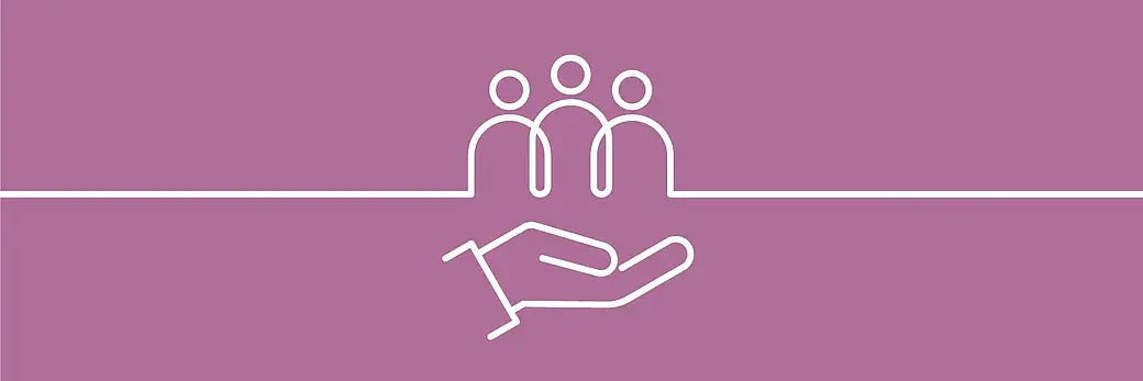 Drawing of three stylized people standing together, with a protective hand beneath them