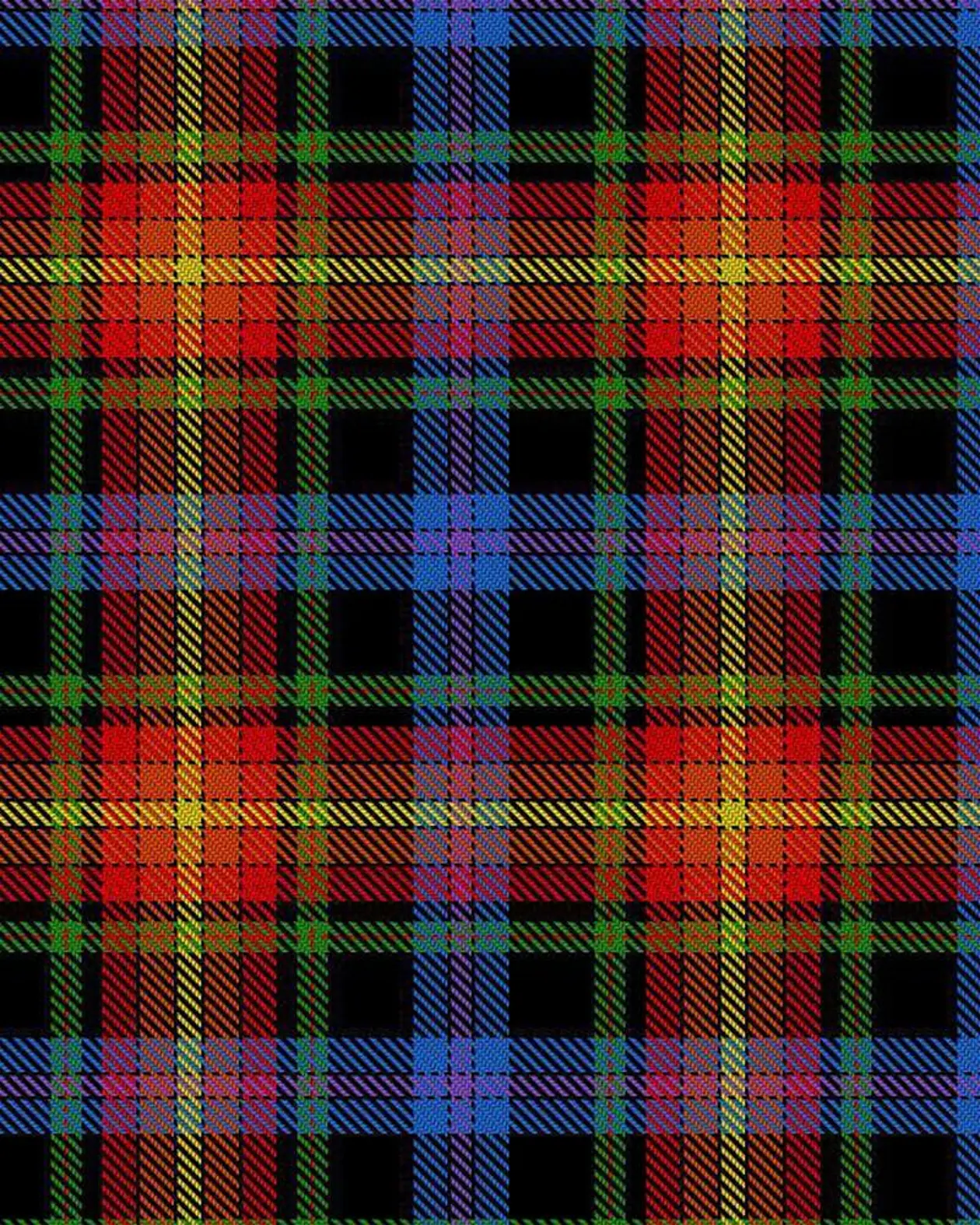Karomuster im Tartan‑Stil mit roten, blauen, grünen, gelben und schwarzen Streifen, bekannt als „Pride of LGBT“-Tartan.