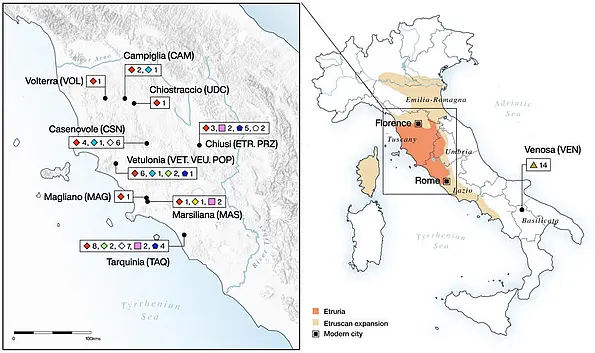 Geographic map of the Italian peninsula  indicating the maximum extension of Etruscan territories