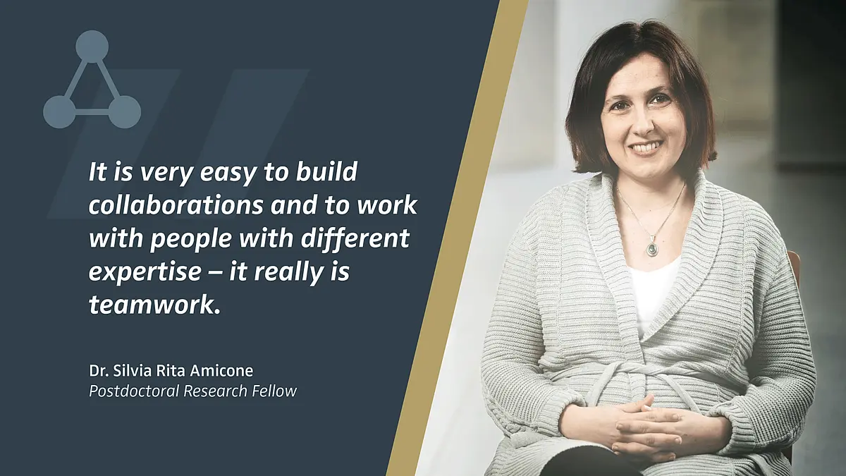 Portrait of Silvia Amicone with quote: "It is very easy to build collaborations and to work with people with different expertise - it really is teamwork."