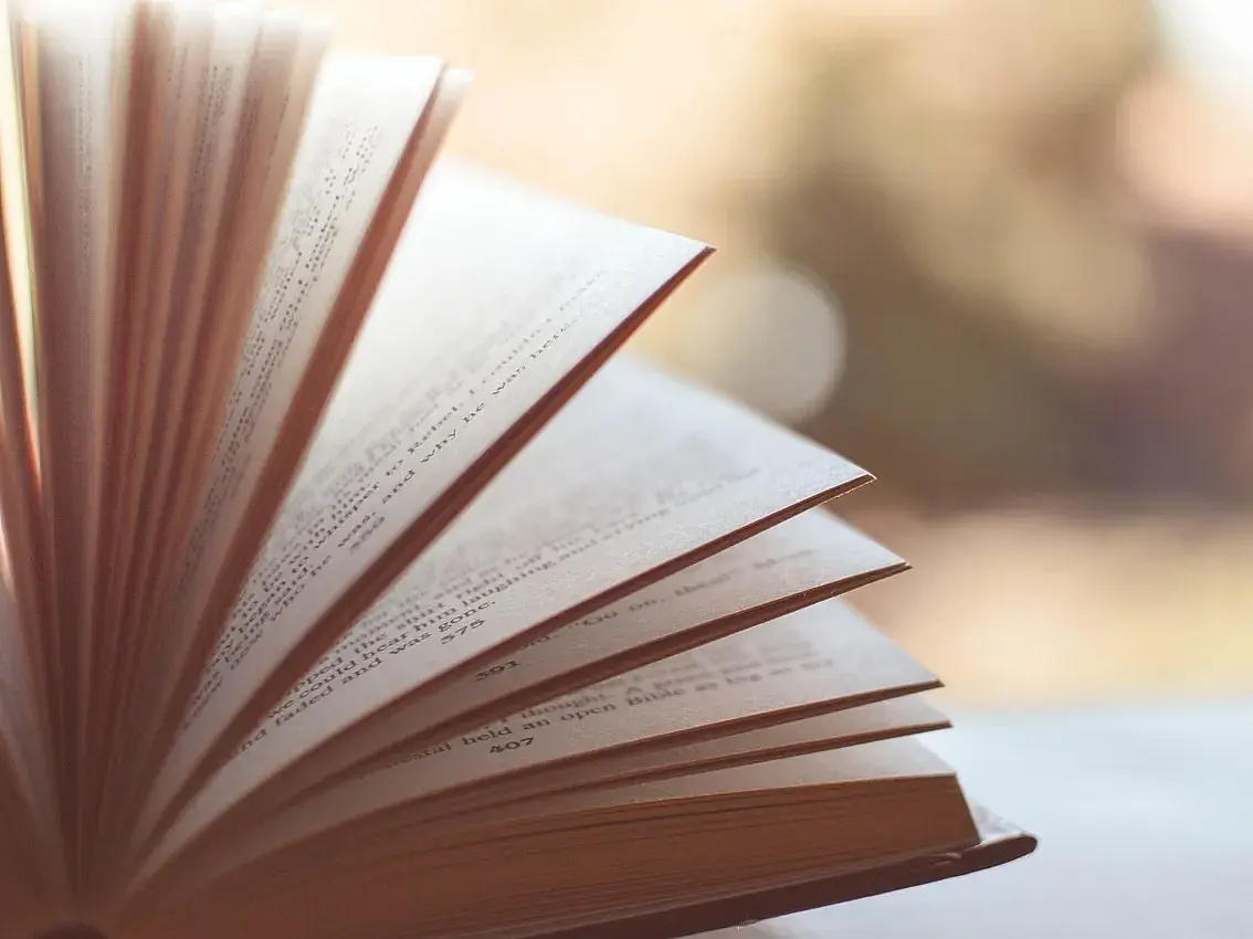 Zu sehen ist ein Buch, das gerade aufgeschlagen wird. Die Seiten "fliegen" quasi.