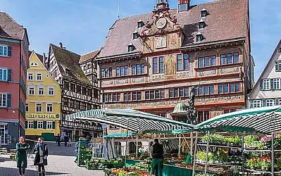 The weekly market at the market square (Marktplatz) in front of the town hall.