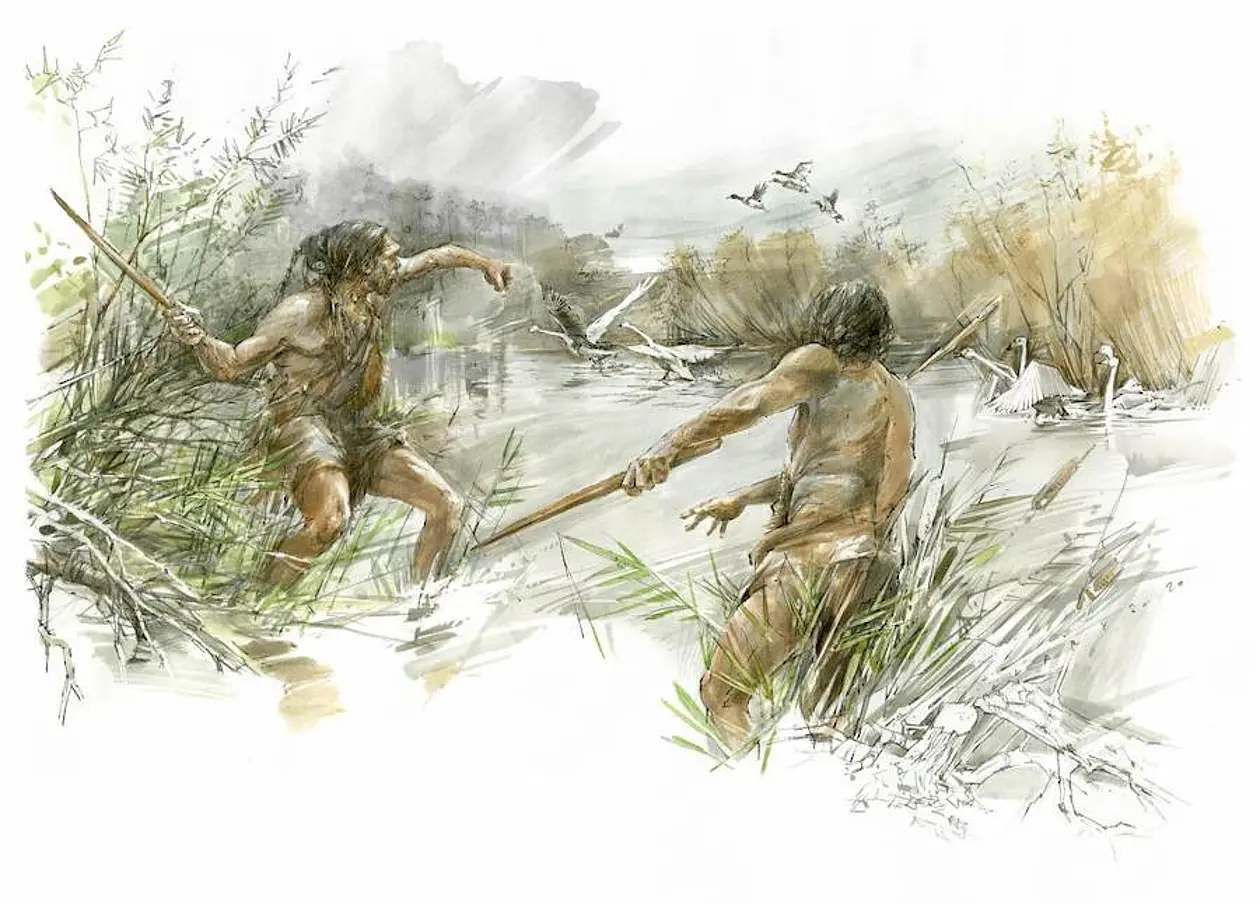 Hunters using the throwing sticks