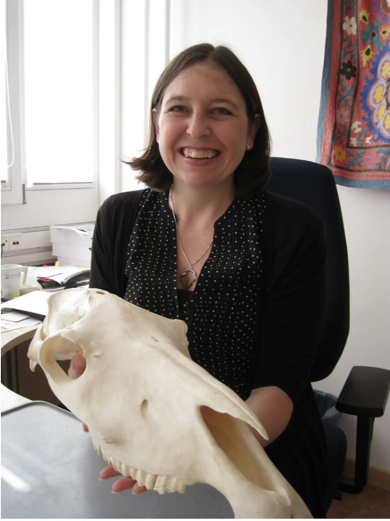 A photo of Britt Starkovich sitting on a desk holding a large animal skull. She is a white woman with a dark brown short bob, wearing a black blouse. 