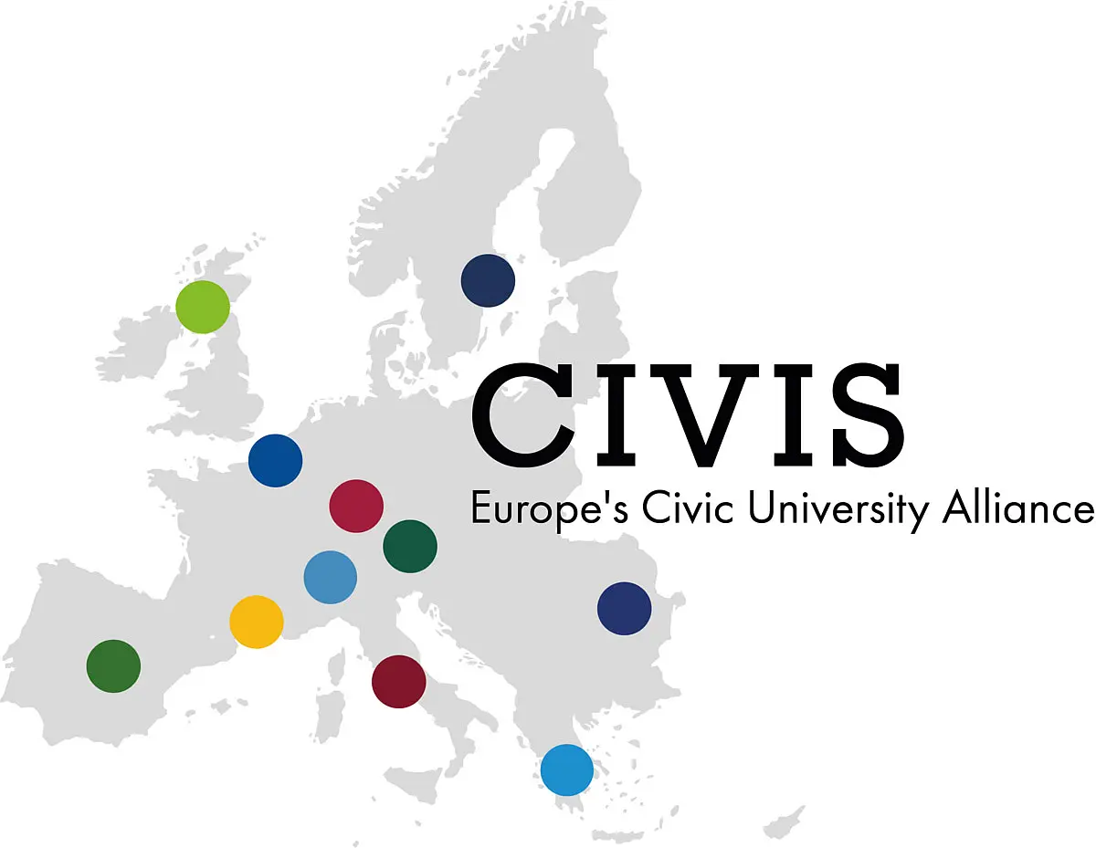 Logo von CIVIS: Silhoutte von Europa mit farbigen Punkten am Standort aller Partnerunis