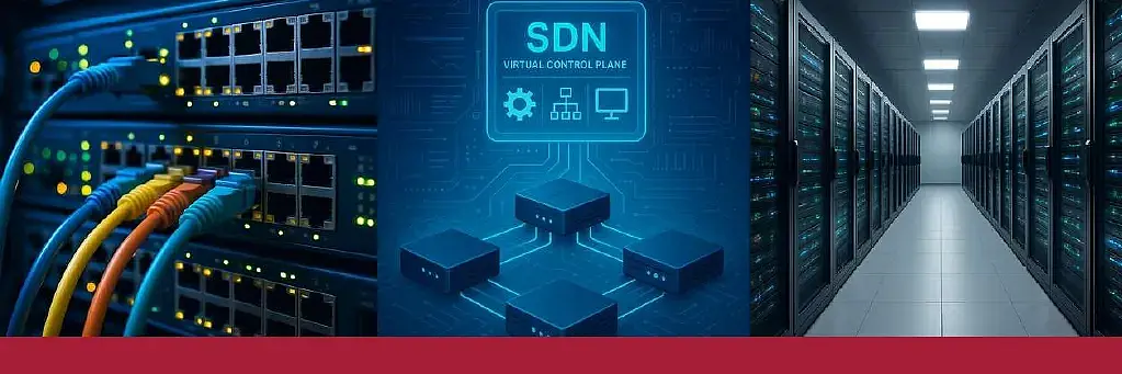Network switches with patch cables, a software-defined networking control plane, and a data centre aisle