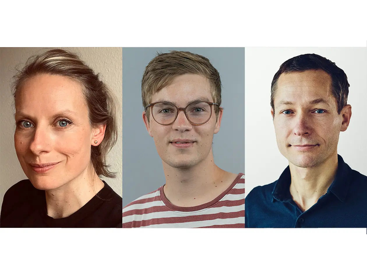 Eine Collage zeigt Porträts der drei Tübinger Autoren der Studie: Dr. Stefanie Liebe, Matthijs Pals, Prof. Jakob Macke (von links nach rechts).