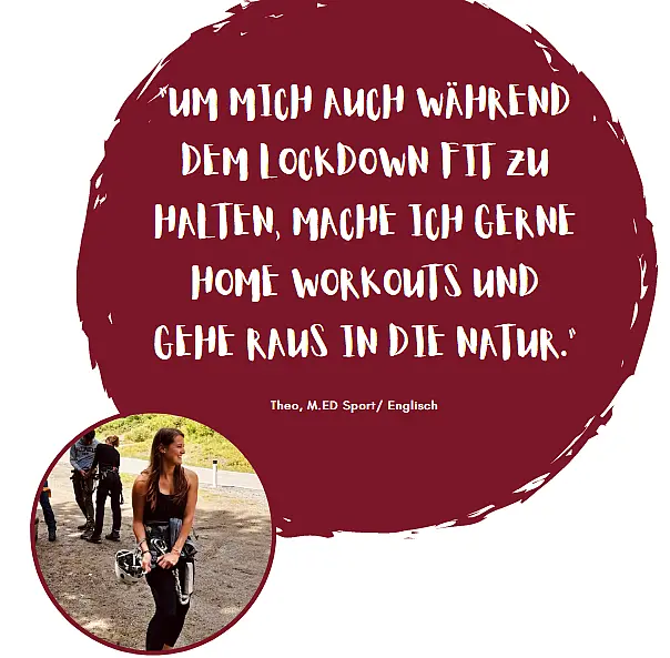 Sprechblase mit Gesundheitstipp: "Um mich auch im Lockdown fit zu halten, mache ich gerne Home Workouts und gehe raus in die Natur."
