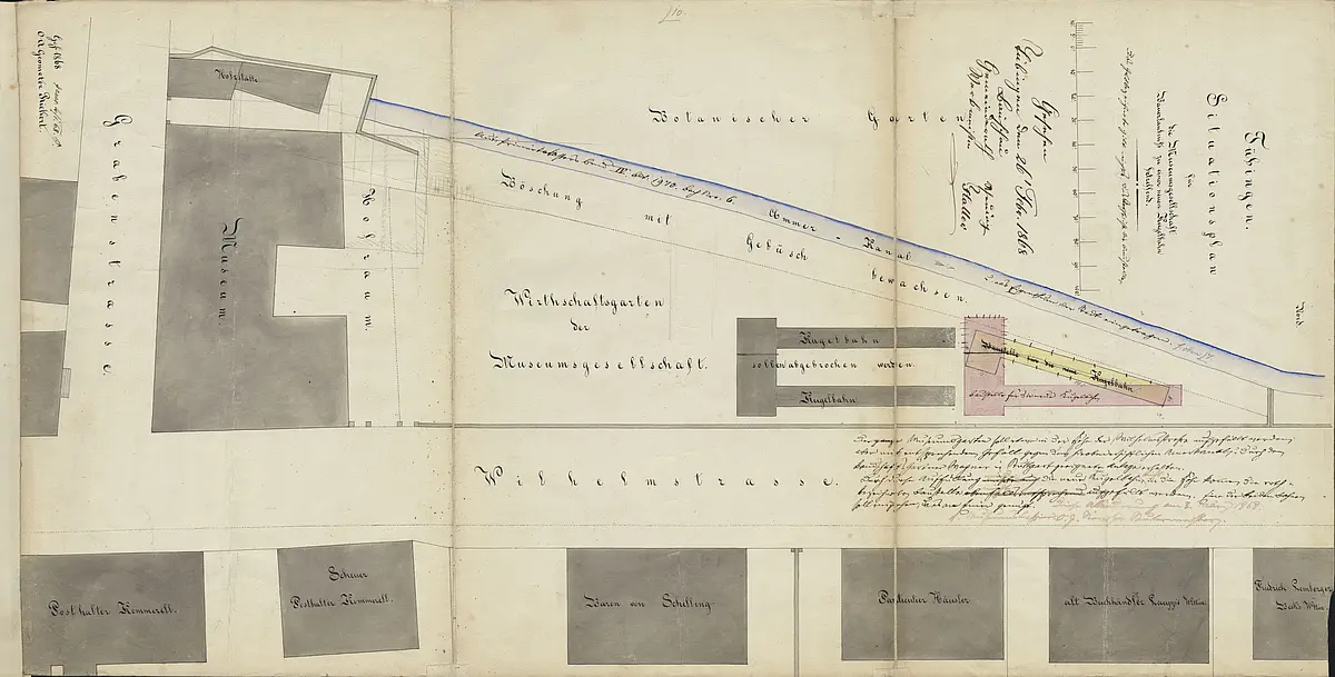 Lageplan 1868. Der Plan zeigt die Lage des Museumsgebäudes auf dem 1820 erworbenen Grundstück, das ehemals zum Botanischen Garten der Universität gehörte. Anlass war der geplante Neubau der Kegelbahn im Garten des Museums