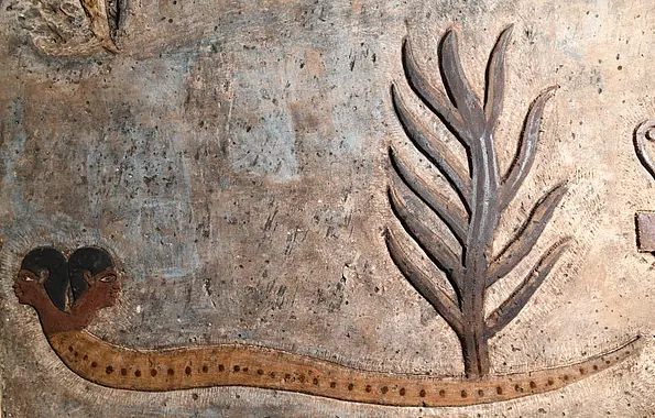 A mythological figure: a snake with two human heads and a tree growing from its tail.