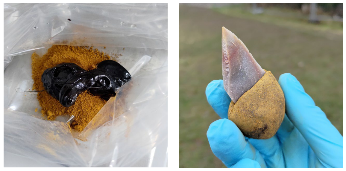 Experiment reproducing a bitumen-based compounds adhesive: on the left, liquid bitumen and the earth pigment ochre prior to mixing. The stone tool on the right was glued into a handle made of liquid bitumen with the addition of 55 percent ochre. It is no longer sticky and can be handled easily. 