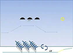 Windparks können bewirken, dass die Luftströmung nach oben ausweicht: Kühlt die Luft ab, kann es zu vermehrter Wolken- und Niederschlagsbildung kommen. Grafik: Stefan Emeis, KIT