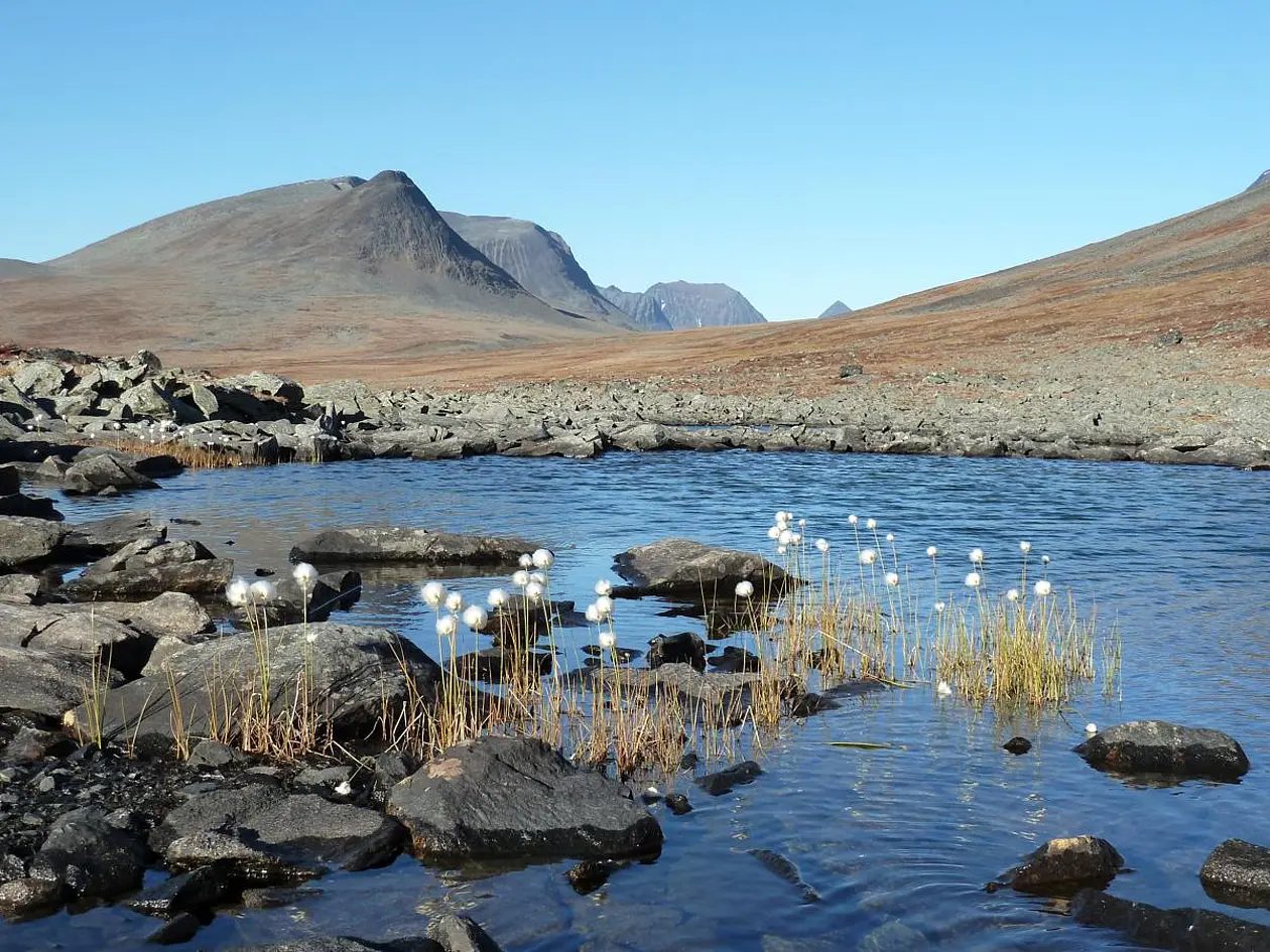 Landschaftsaufnahme: Berg mit See im Vordergrund