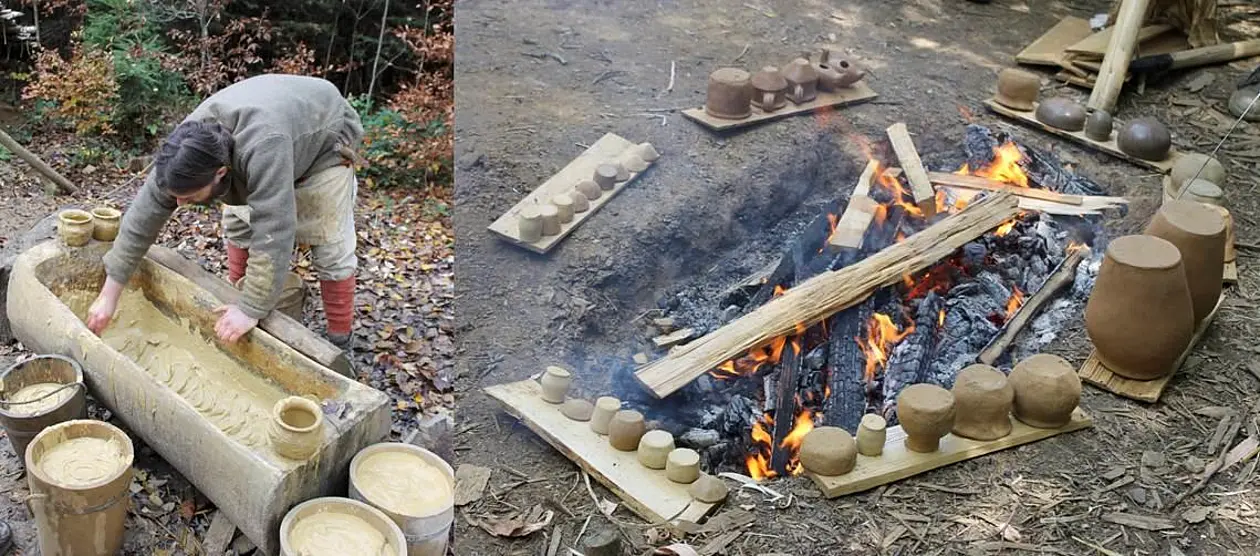Tonaufbereitung (links) und Vorbereitung Grubenbrand (rechts) auf dem Gelände des Campus Galli während gemeinsamer Lehrveranstaltungen mit dem CCA-BW. Foto (links): Enrica Bonato. Foto (rechts): Silvia Amicone