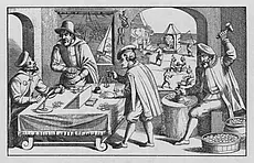 Bildunterschrift: Zeitgenössisches Flugblatt „Epitaphium oder des guten Geldes Grabschrift“: Die Münzmanipulatoren bei der Arbeit (Einschmelzen von Silber mit Kupfer, Münzprägung). Der Vorhang im Hintergrund nimmt Bezug auf die Kriegsführung und 
