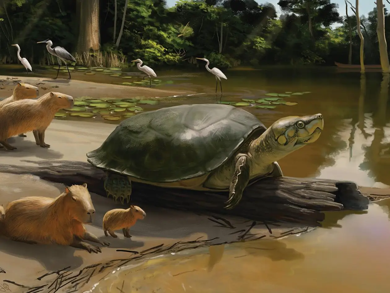 Schildkröte am Ufer einer Gewässers mit Reihern und Wasserschweinen