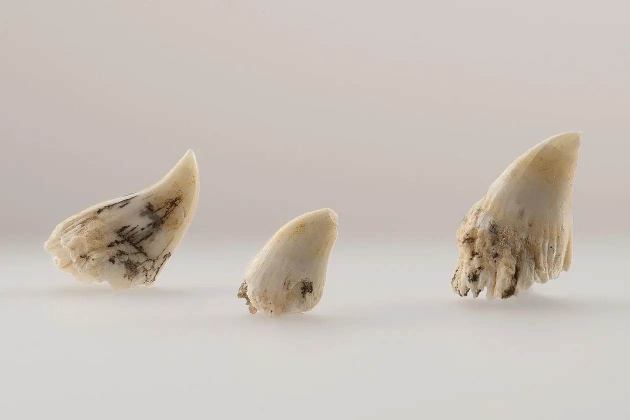 Drei Laichzähne fossiler Atlantischer Lachse