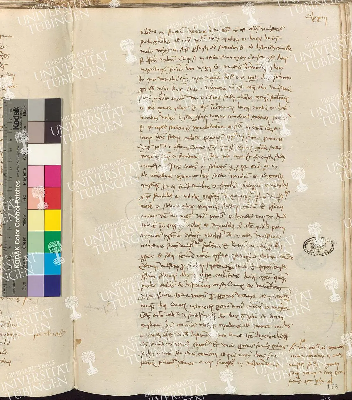 Ausschnitt der Supplik vom 4. Mai 1474: "Supplicat igitur sanctitati vestre prefatus comes [Eberhardus comes in Wirtemberg et Motisbeligardi] quatenus premissis attentis generale studium quarumcumque scientiarum et facultatum in prefato opido [in opido Tuwingen Constanciensis diocesis Maguntinensis provincie] erigere […]" - Der vorgenannte Graf [Eberhard, Graf in Württemberg und Mömpelgard] bittet daher Eure Heiligkeit demütigst darum, in der vorgenannten Stadt [Tübingen, Konstanzer Diözese, Mainzer Kirchenprovinz] ein Generalstudium aller Wissenschaften und Fakultäten einzurichten […] Transkription: Julius Jansen, Übersetzung; Tjark Wegner