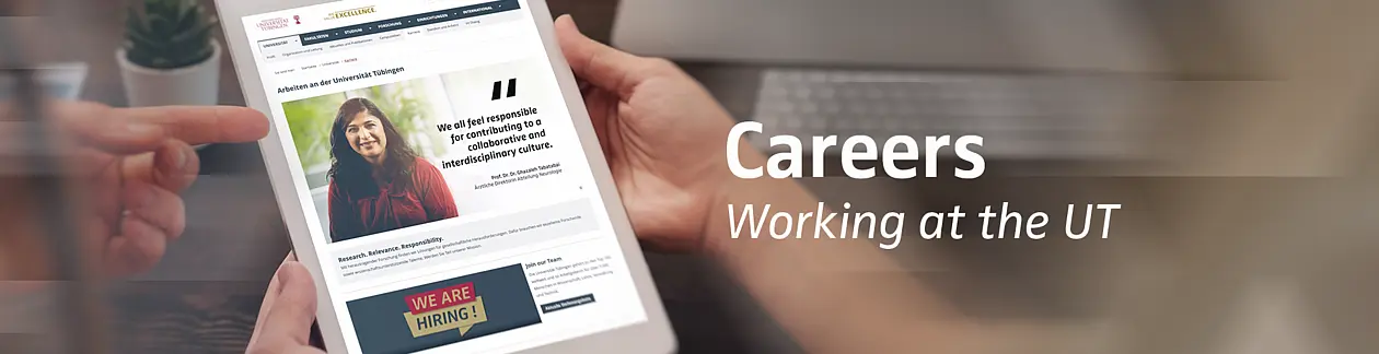 Tablet with UT career page open. Text: Career page, Working at UT. Link to career page
