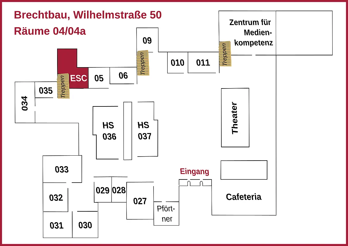 Lageplan des EG im Brechtbau, Wilhelmstraße 50. Farbig hervorgehoben sind die Räume 04/04a, das ESC.