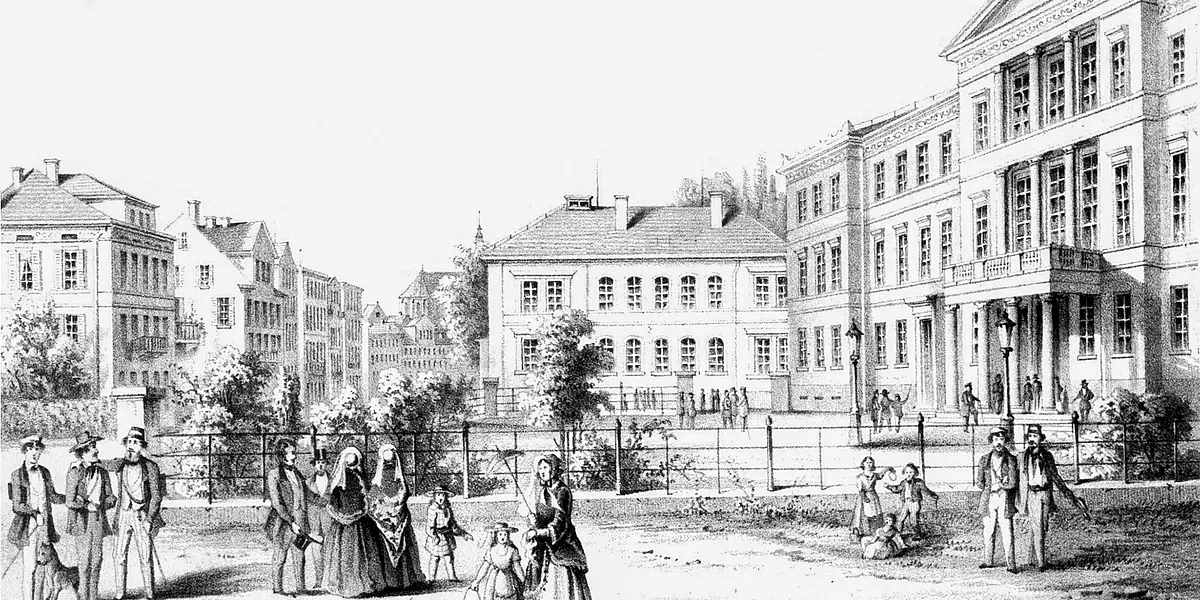 Historische Lithographie der Neuen Aula in Tübingen