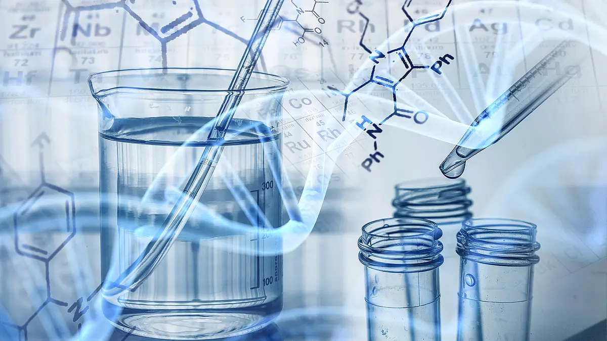 Fotomontage DNA Helix und Chemische Strukturen vor einem Laborhintergrund