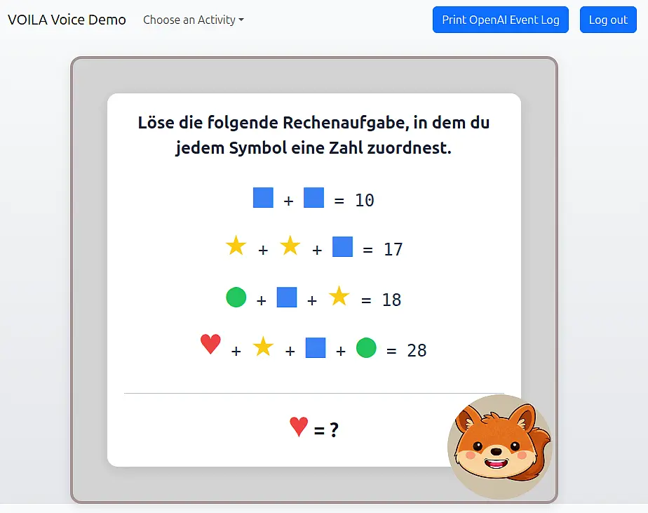 Screenshot eines Prototypen des VOILA Tutors. Rechenaufgabe mit Tutor als Eichhörnchen