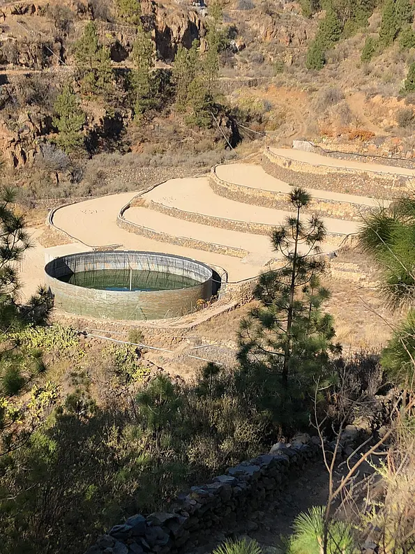 Terraced rain water collection systems for agriculture in Vilaflor on the Canary Island of Teneriffe. 