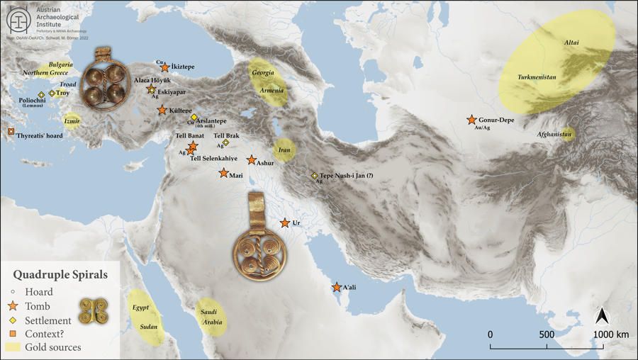 Map showing known gold deposits in the Bronze Age and distribution of a striking earring with four small spirals.