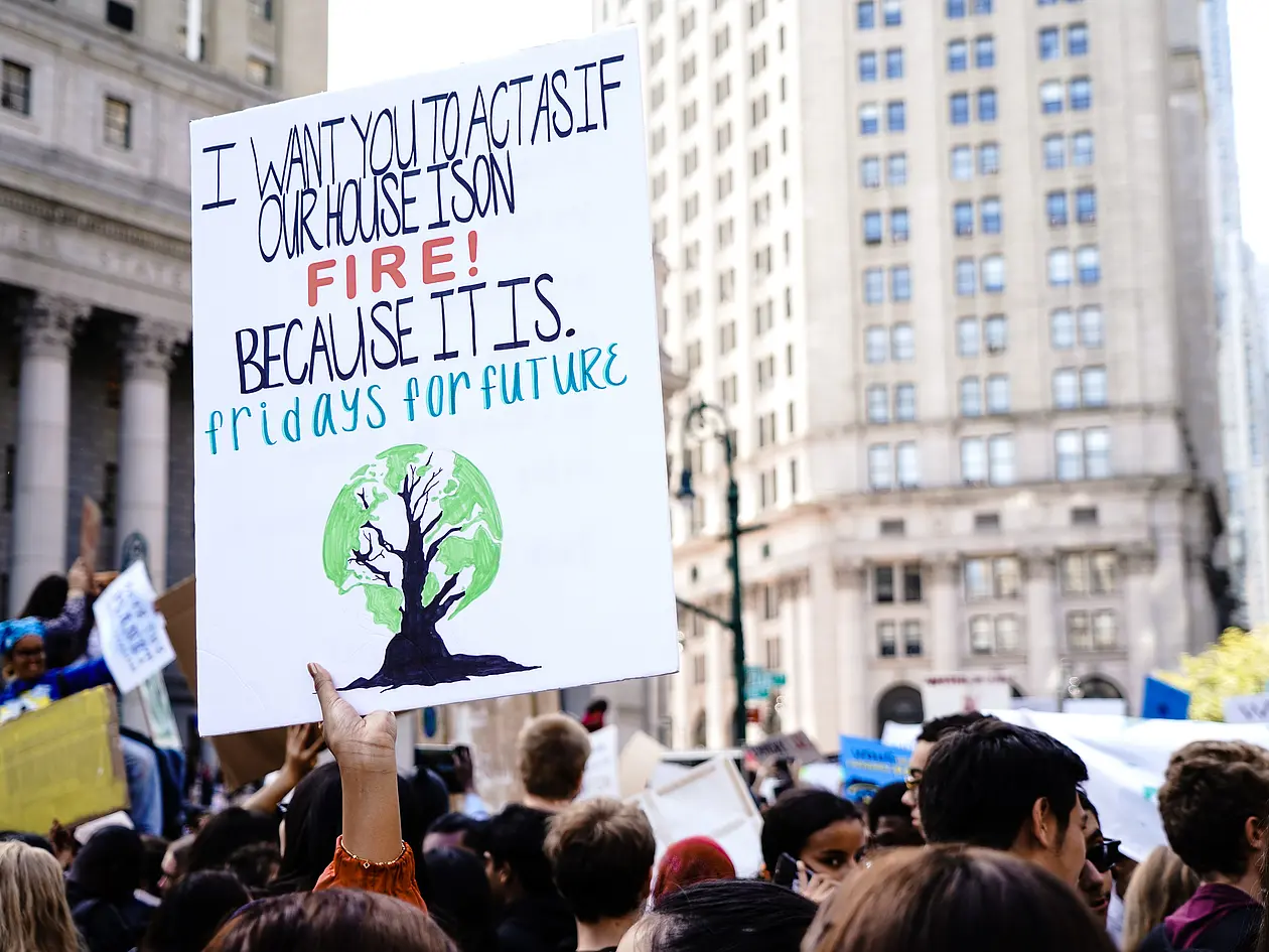 Poster in climate activism manifestation saying "I want you to act as if your house is on fire! Because it is. fridays for future"