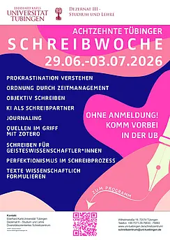Das Bild zeigt das Werbeplakat der Tübinger Schreibwoche 2026. Auf dem Plakat sind die Titel aller Workshops und das Datum der Veranstaltung aufgelistet.