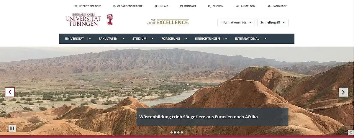 Startseite des Webauftritts der Uni Tübingen