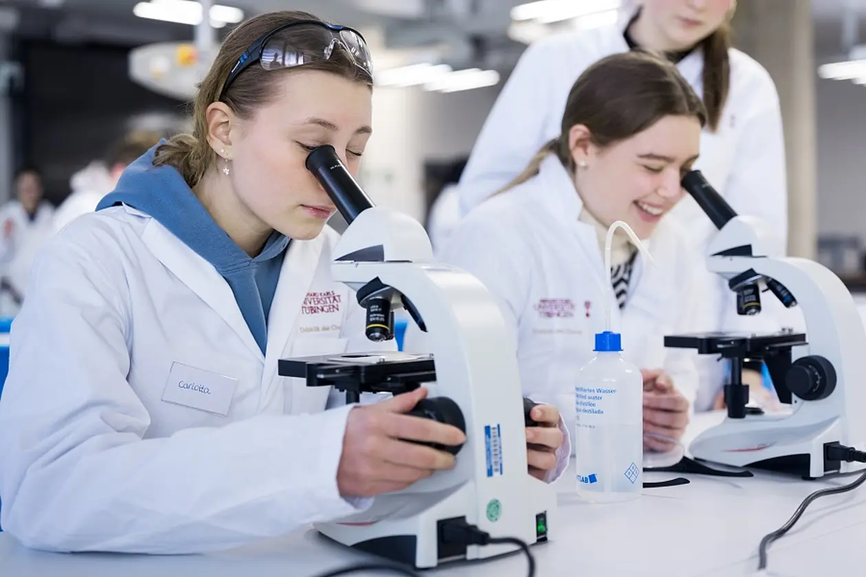 Schülerinnen mikroskopieren im TüChemLab an der Universität Tübingen.