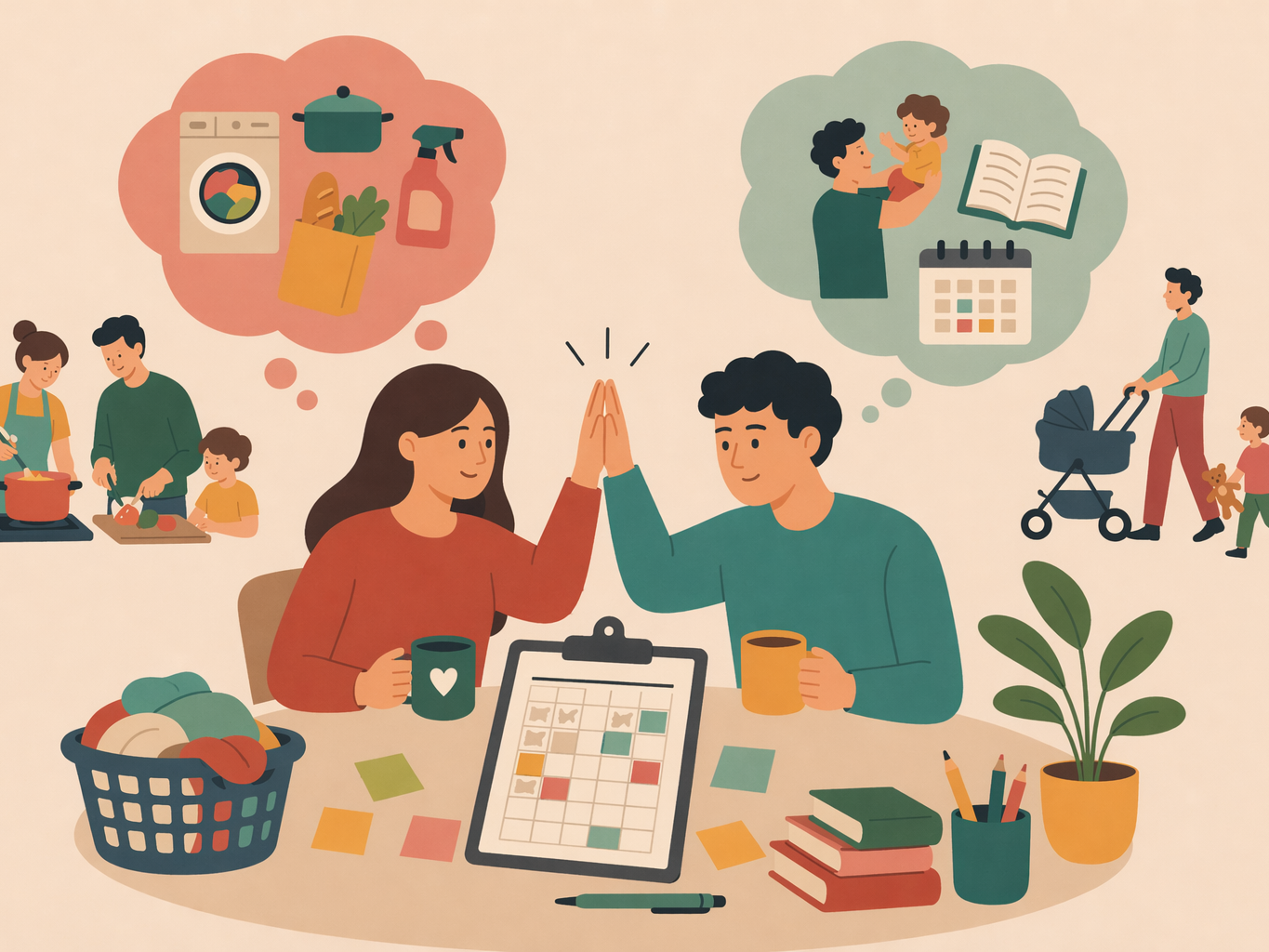 Illustration eines Paares, das an einem Tisch sitzt und sich abklatscht. Vor ihnen liegen ein Planer, Notizzettel und Tassen. Um sie herum sind Szenen und Symbole aus dem Familienalltag zu sehen, etwa Kochen, Wäsche, Kinderbetreuung, Einkaufen und Terminplanung. Das Bild steht für faire Arbeitsteilung, Mental Load und gemeinsames Organisieren im Familienleben.