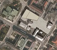 Auszug aus der Machbarkeitsstudie, Variante F, Lageplan, Quelle: Machbarkeitsstudie Vermögen und Bau, Amt Tübingen Verfasser: Dömges Architekten AG, Regensburg