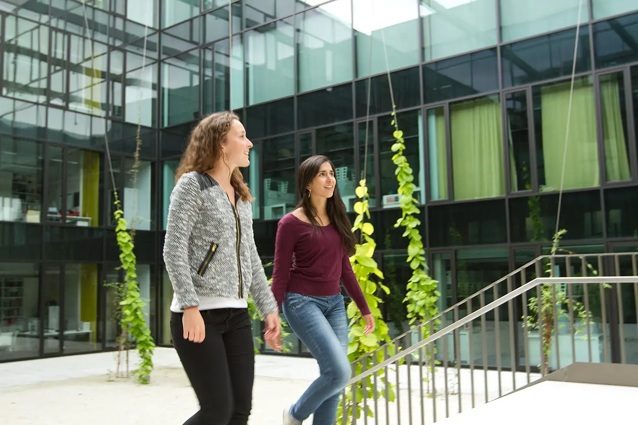 2 students with bags going up some stairs