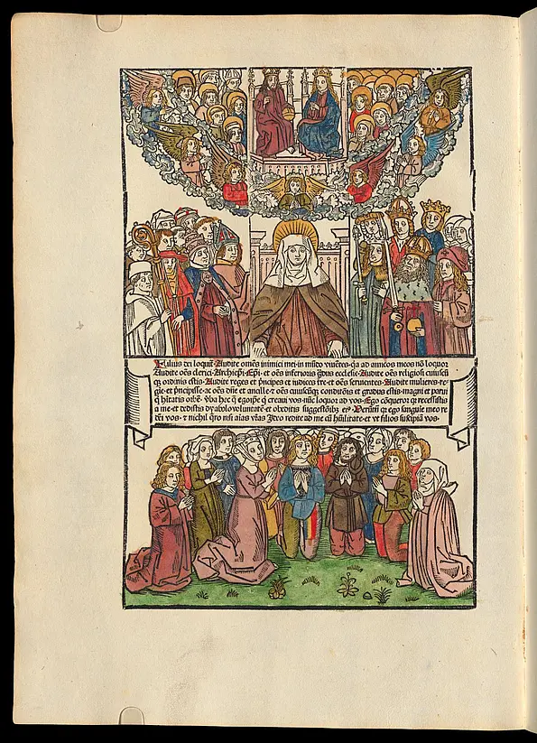 Birgitta mit den Vertretern der Stände Birgitta von Schweden: Revelationes (Offenbarungen), Druck: Lübeck, bartholomäus Ghotan, 1492, fol. 16v