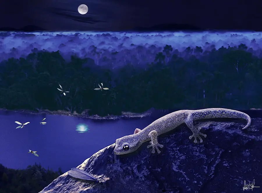 A gecko of the now extinct species Geiseleptes delfinoi hunting a male termite.
