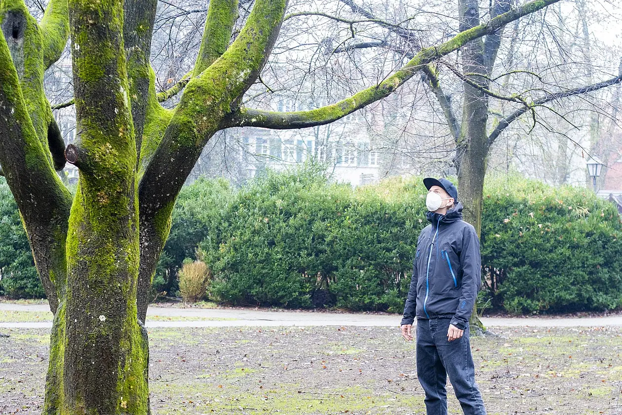  Man wearing a mask stands in the park and looks up at a tree.