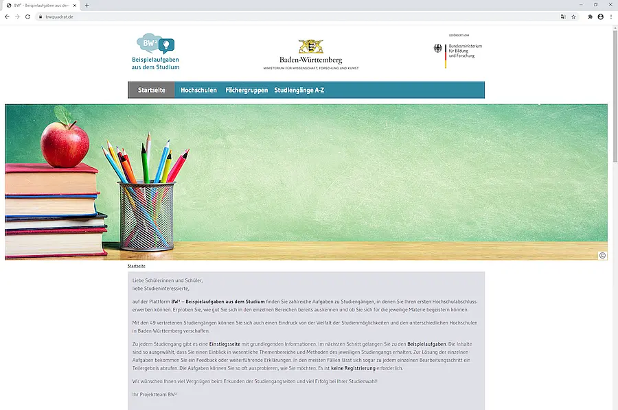 Startseite der neuen Informationsplattform „BW2 – Beispielaufgaben aus dem Studium“ 
