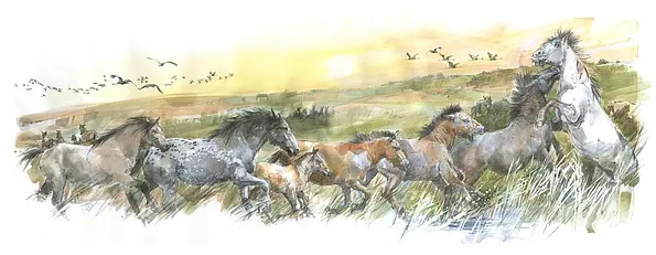 Artistic representation of a herd of horses on a grassy plain. Flocks of birds in the background.