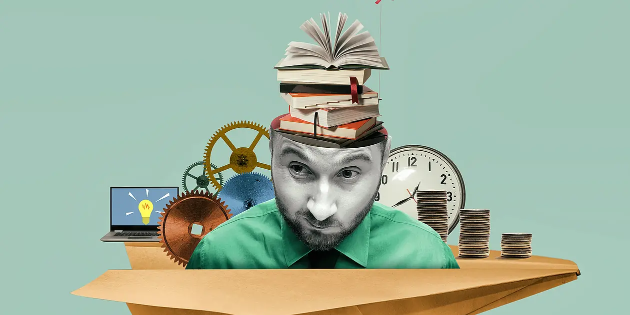 Grafik eines Männerkopfes, aus dessen Schädel Bücher wachsen