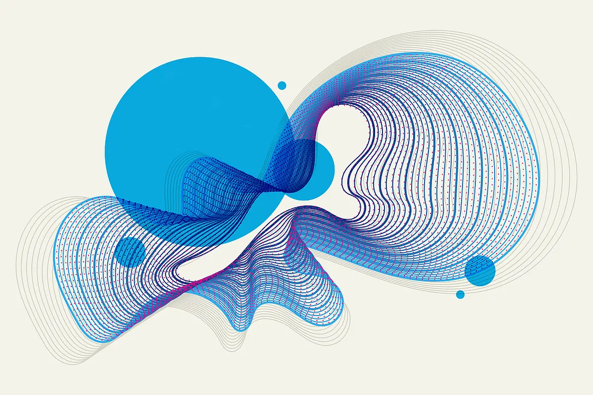 Abstrakte Grafik mit geschwungenen blauen Formen und Linien
