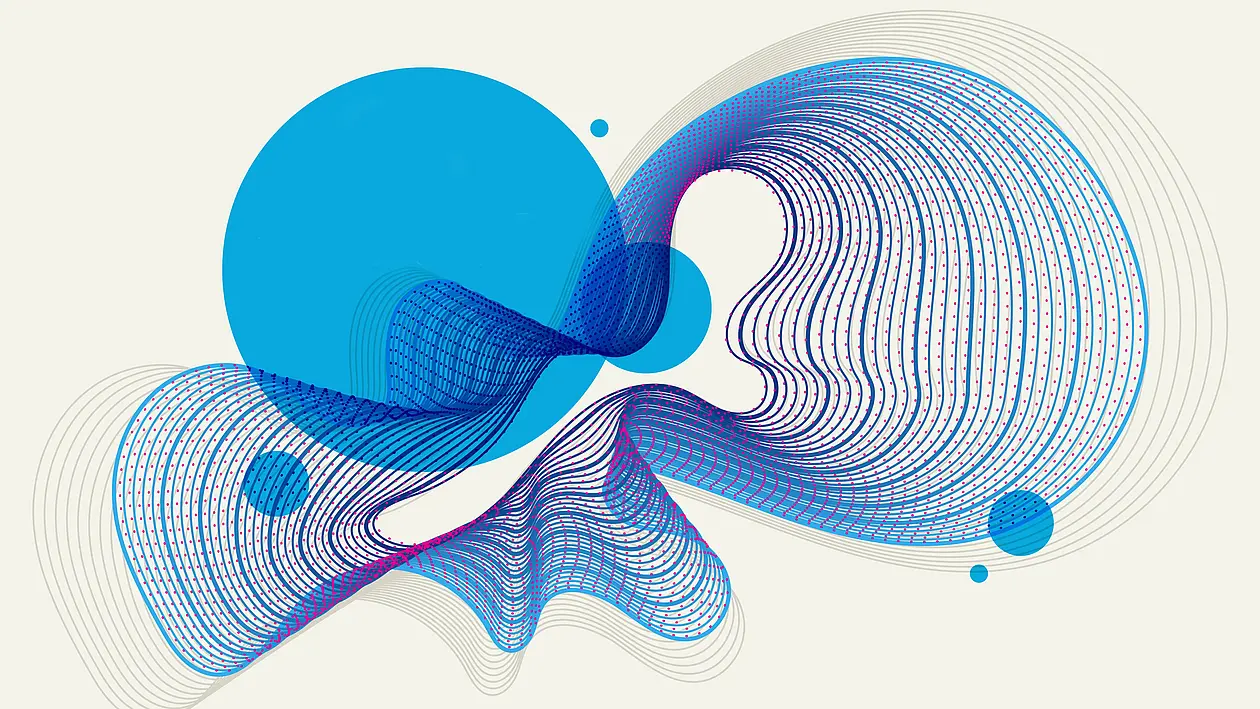 Abstract art work consisting of blue shapes and curved lines